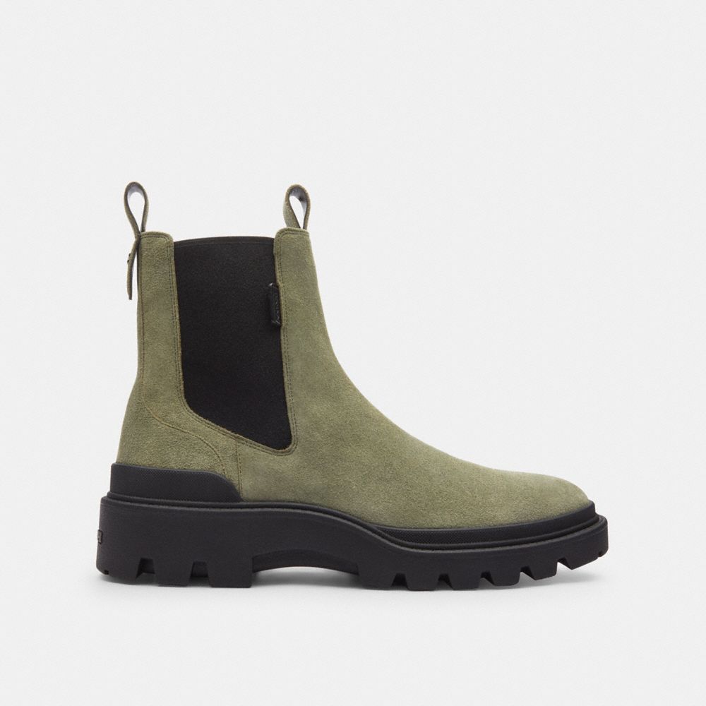 COACH®,Colson Boot,Suede,Rubber,Chelsea Boots,Pull Tab,Casual,Olive,Angle View