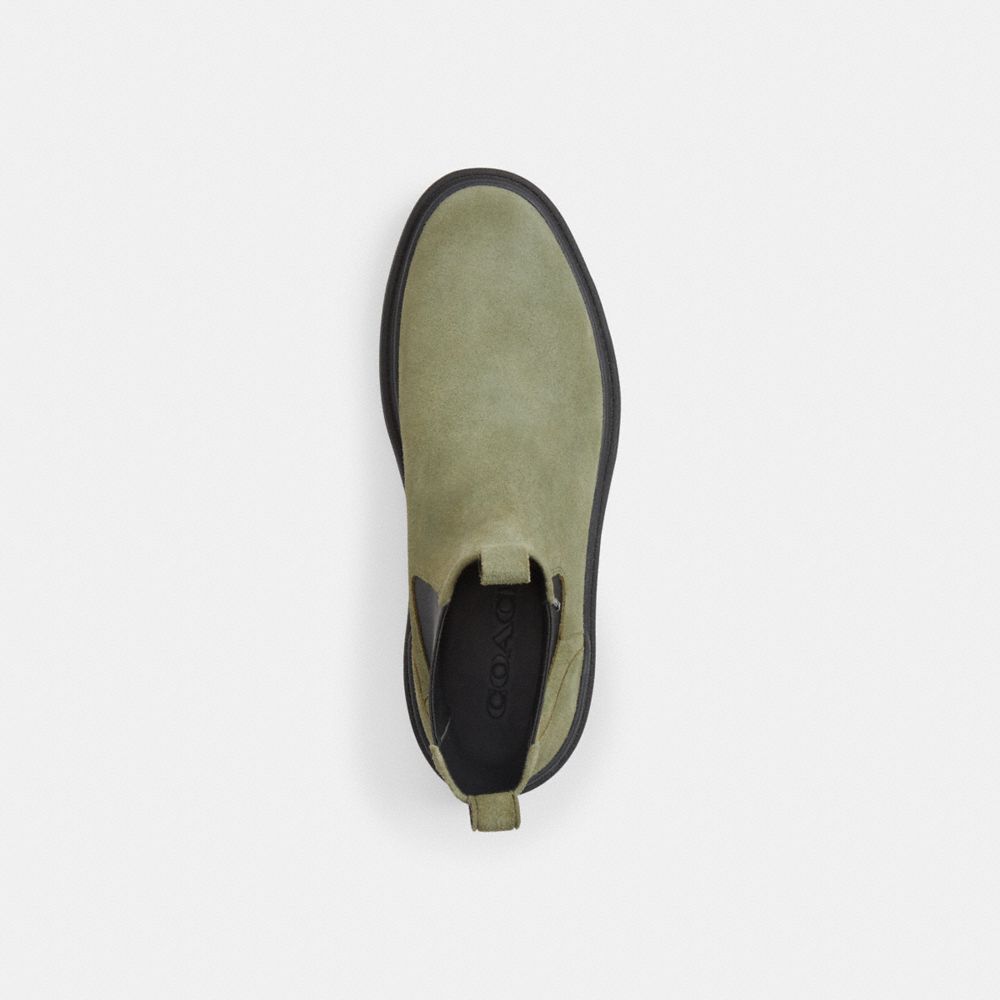 COACH®,Colson Boot,Suede,Rubber,Chelsea Boots,Pull Tab,Casual,Olive,Inside View,Top View