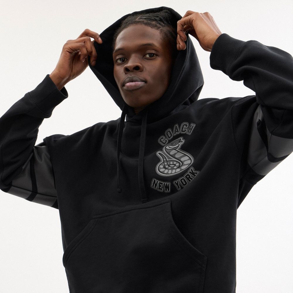COACH®,New Year Hoodie With Snake Graphic,Cotton,Sweatshirt,Stripe,Drawstring,Casual,Black,Detail View