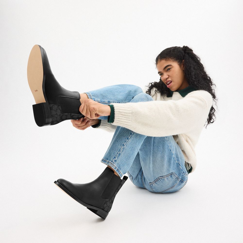 COACH®,Meredith Bootie In Signature Canvas,Rubber,Chelsea Boots,Mixed Media,Pull Tab,Sustainable,Casual,Black,Detail View