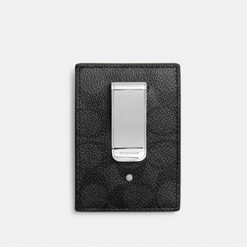 Coach Money Clip Card Case In Signature Canvas In Charcoal