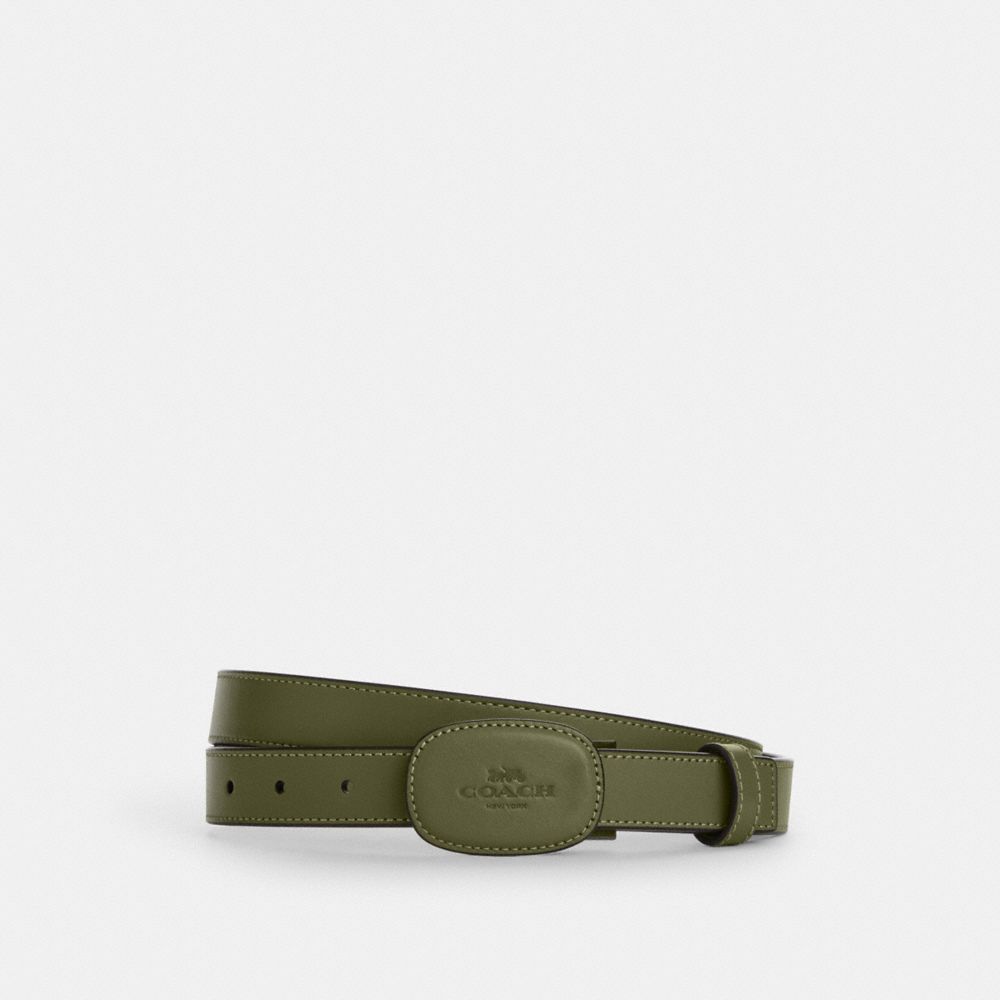 COACH®,Plaque Buckle Cut To Size Reversible Eliza Belt, 25 Mm,Calfskin Leather,Standard,Logo,Reversible,Casual,Olive,Front View