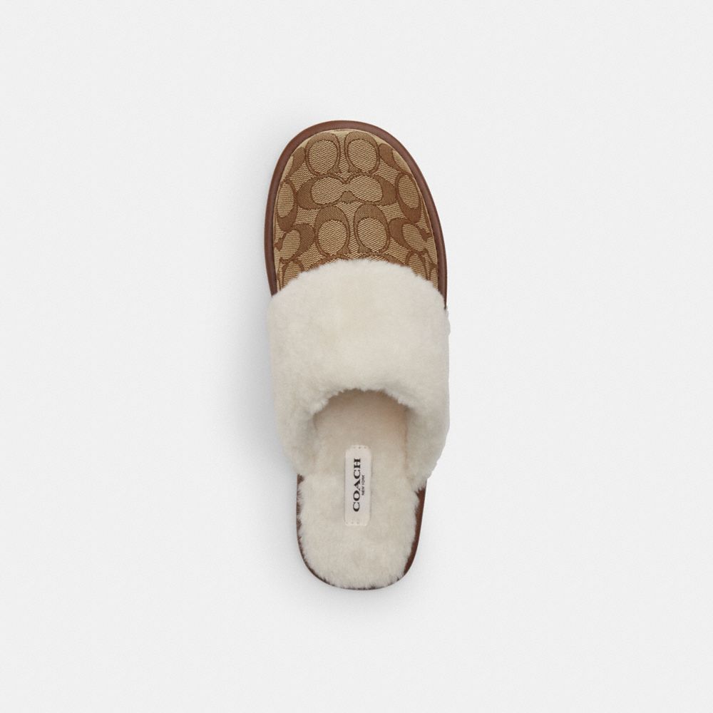COACH®,Zena Slipper In Signature Jacquard,Cotton,Rubber,Recycled Polyester,Mules,Slippers,Fur Embellishment,Color Block,Su...,Multi Color,Inside View,Top View