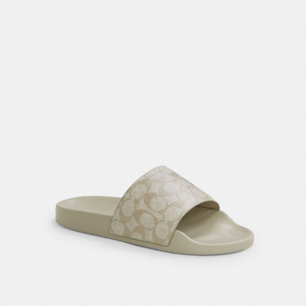 COACH®,Uli Sport Slide In Signature Canvas,EVA,Canvas,Rubber,Slides,Pull Tab,Pool,Beige,Front View