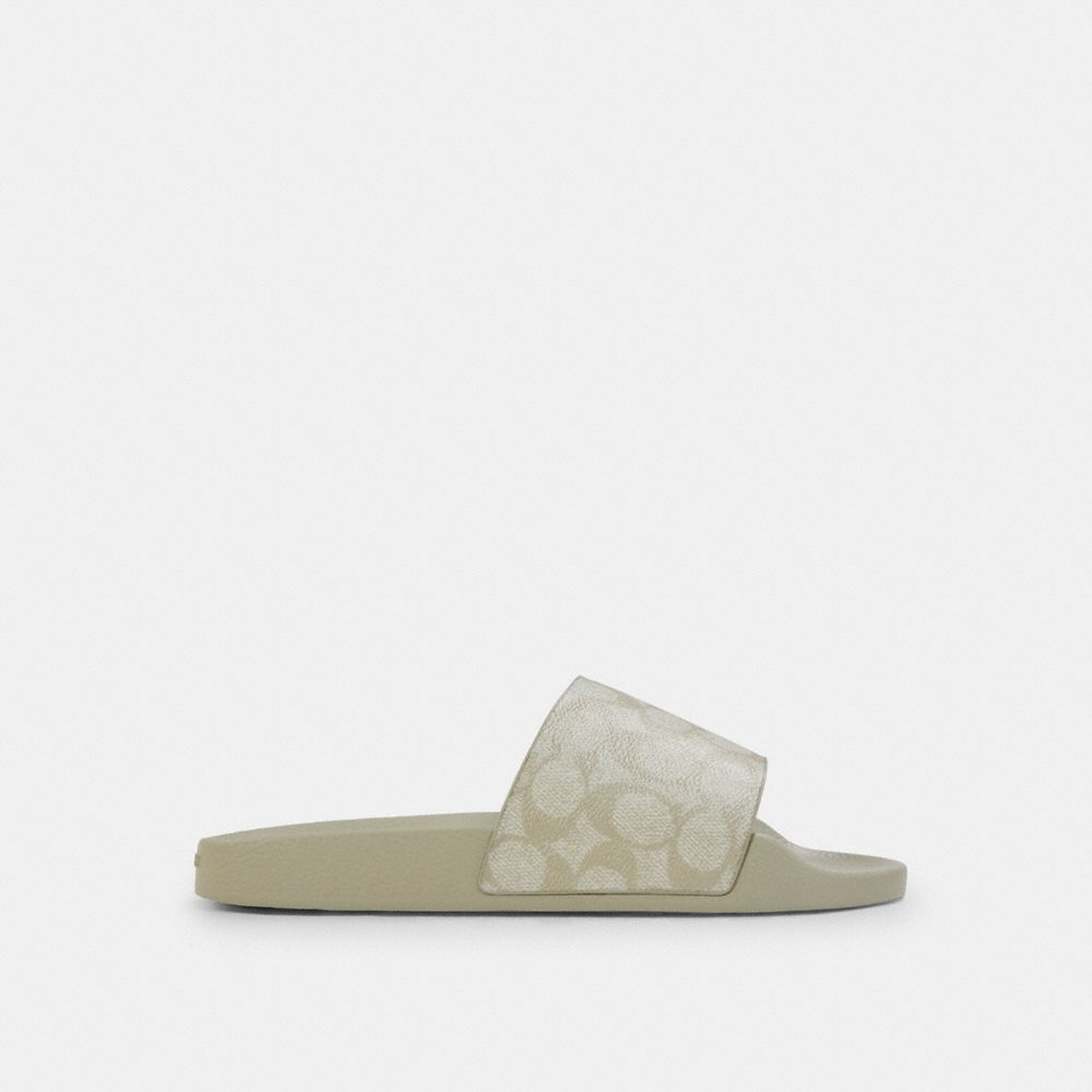 COACH®,Uli Sport Slide In Signature Canvas,EVA,Canvas,Rubber,Slides,Pull Tab,Pool,Beige,Angle View