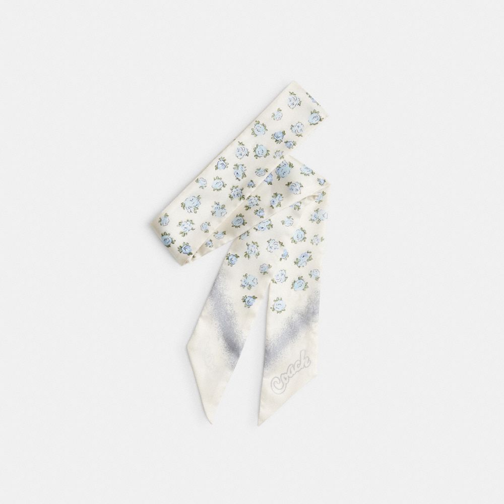 COACH®,Lotus Print Silk Skinny Scarf,Silk,Neckerchief,Logo,Word Embellishment,Casual,White,Front View