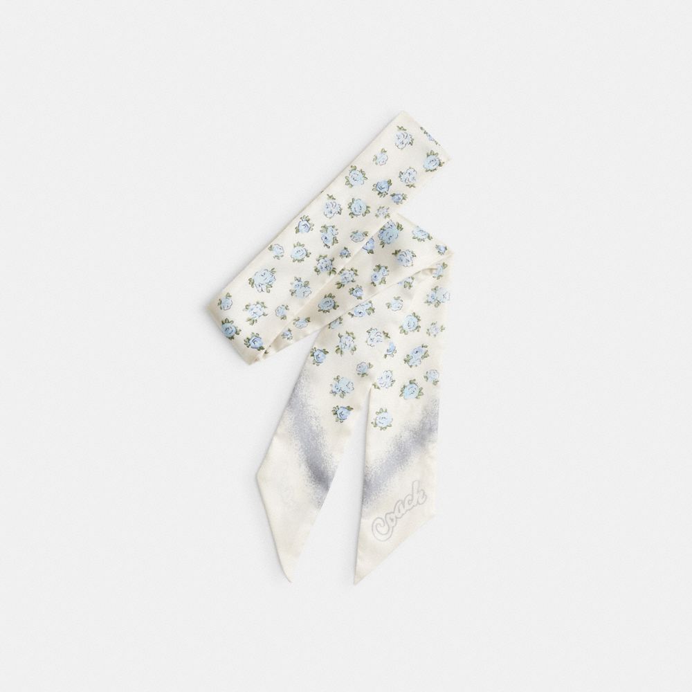 COACH®,Lotus Print Silk Skinny Scarf,White,Front View