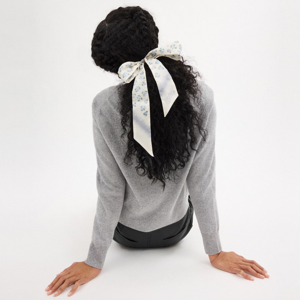 COACH®,Lotus Print Silk Skinny Scarf,Silk,Neckerchief,Logo,Word Embellishment,Casual,White,Detail View