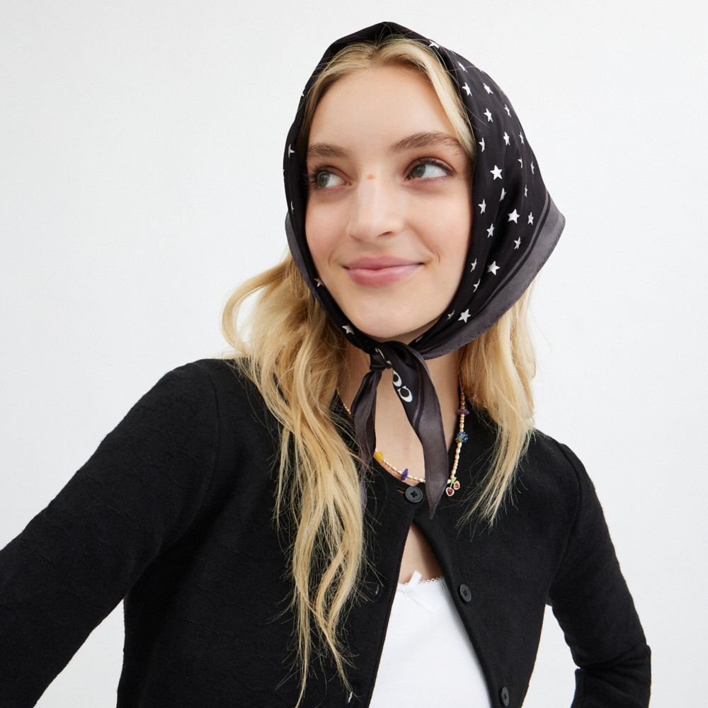 COACH®,Star Print Silk Diamond Scarf,Silk,Rectangle,Bandana,Word Embellishment,Logo,Casual,Black,Detail View
