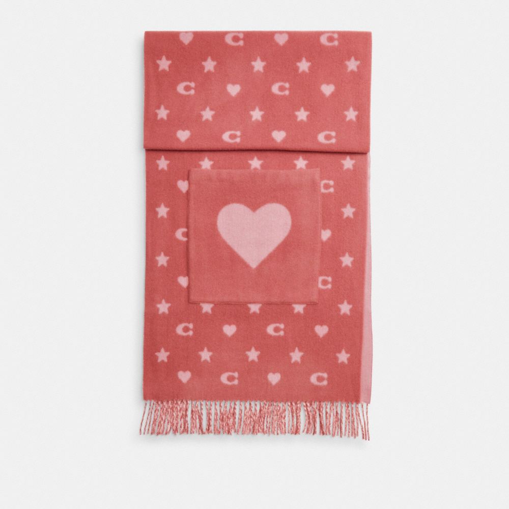 COACH®,Stars And Hearts Print Oversized Muffler With Pockets,Wool,Rectangle,Applique,Fringe,Casual,Coral,Front View