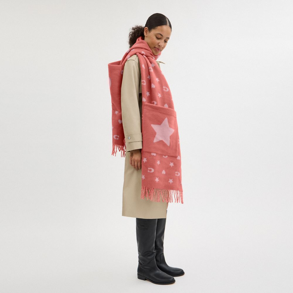 COACH®,Stars And Hearts Print Oversized Muffler With Pockets,Wool,Rectangle,Applique,Fringe,Casual,Coral,Detail View