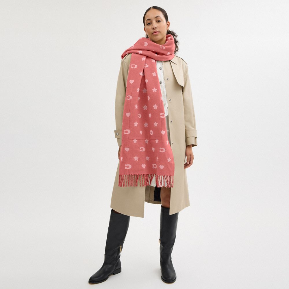 COACH®,Stars And Hearts Print Oversized Muffler With Pockets,Wool,Rectangle,Applique,Fringe,Casual,Coral,Detail View