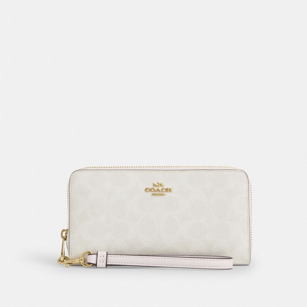 COACH®,Long Zip Around Wallet In Signature Canvas,Coin,Continental,Sustainable,Casual,White,Front View