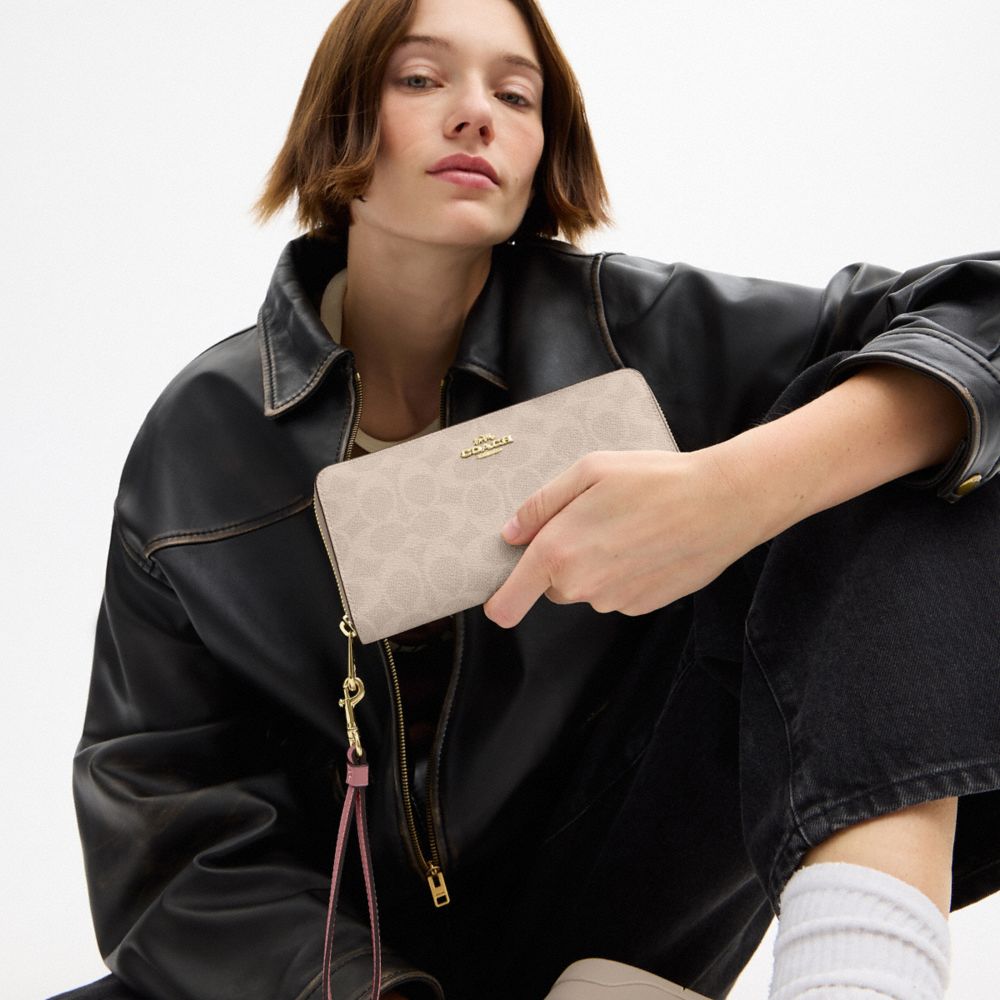 COACH®,Long Zip Around Wallet In Signature Canvas,Continental,Coin,Sustainable,Casual,Beige,Detail View