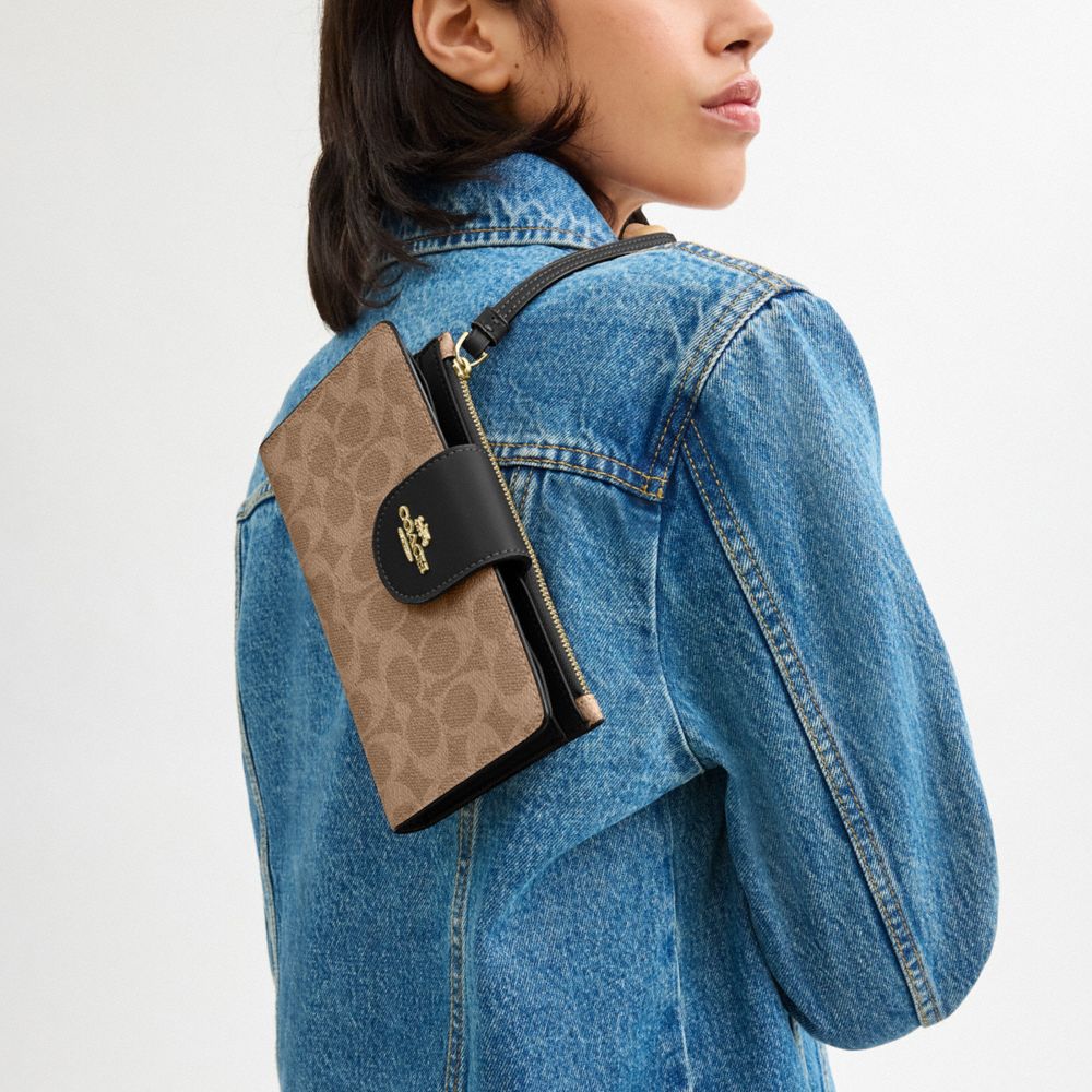 COACH®,Phone Wallet In Signature Canvas,Bi Fold,Coin,Sustainable,Casual,Brown,Detail View