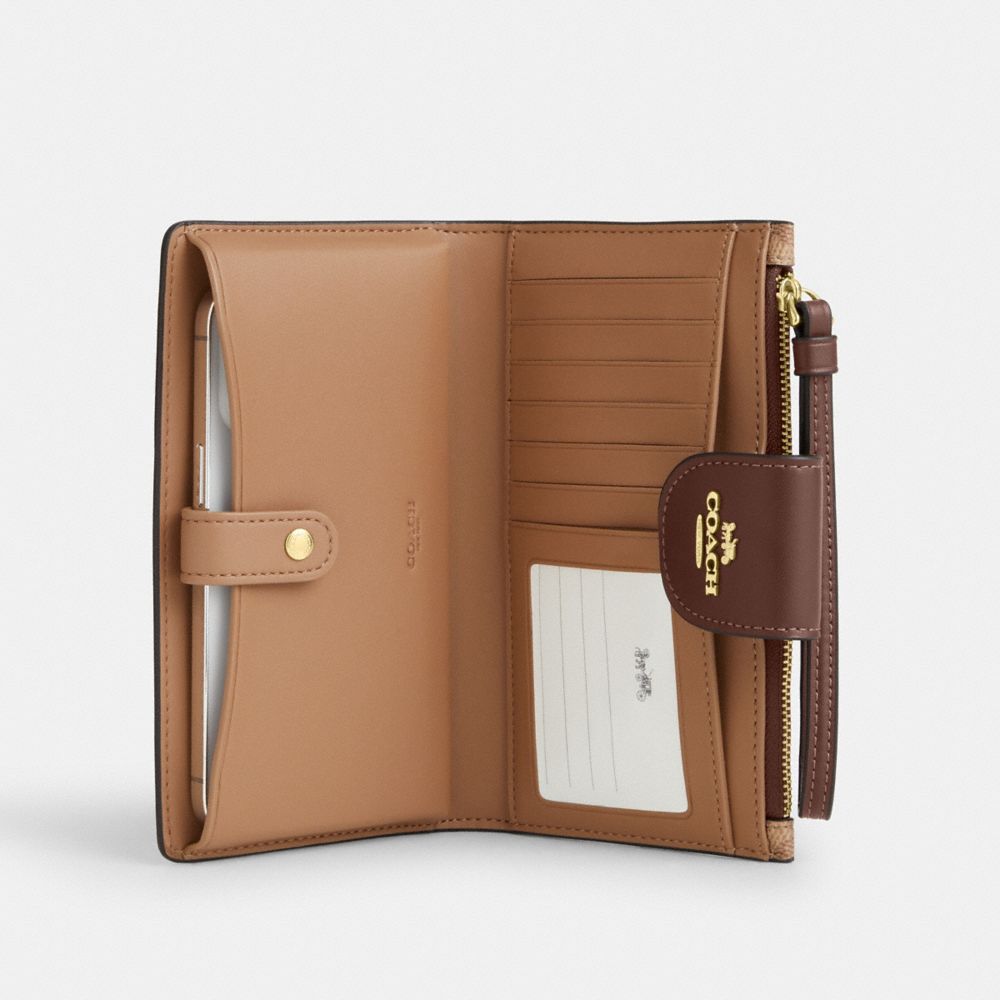 COACH®,Phone Wallet In Signature Canvas,Bi Fold,Coin,Sustainable,Casual,Brown,Inside View,Top View