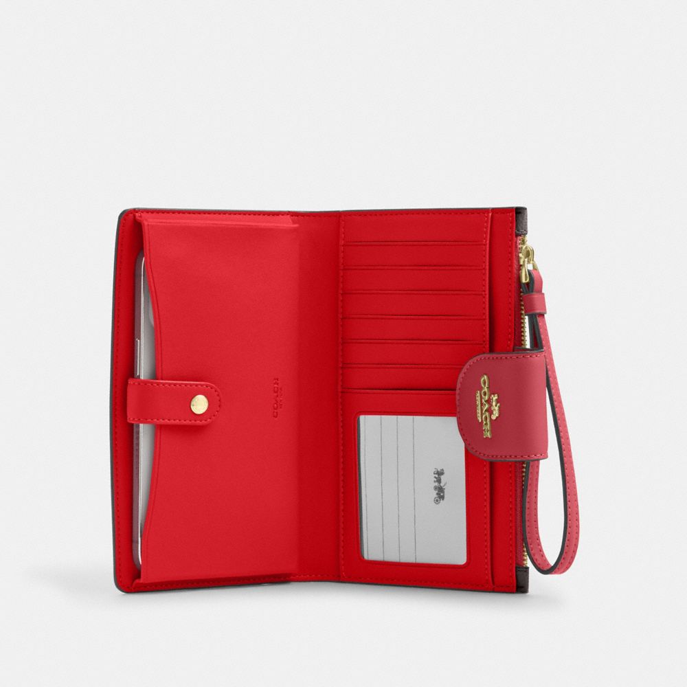 COACH®,Phone Wallet In Signature Canvas,Bi Fold,Coin,Sustainable,Casual,Brown,Inside View,Top View