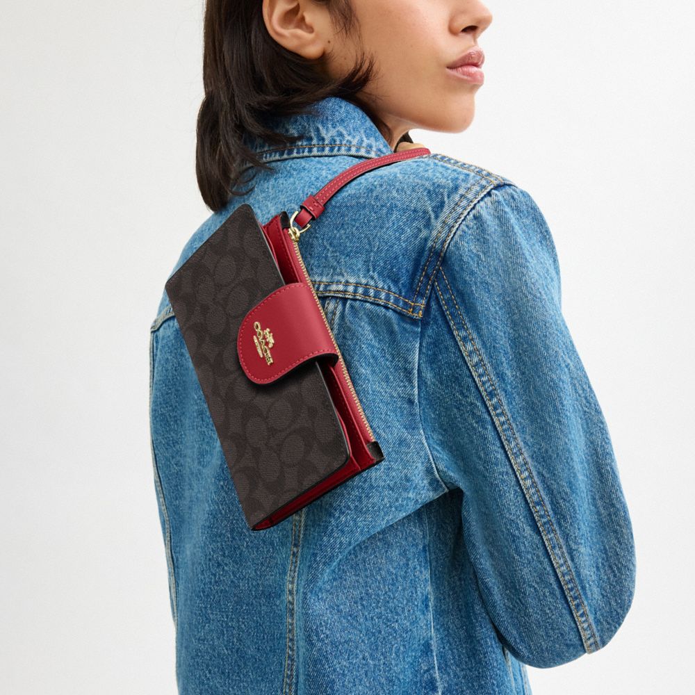 COACH®,Phone Wallet In Signature Canvas,Bi Fold,Coin,Sustainable,Casual,Brown,Detail View