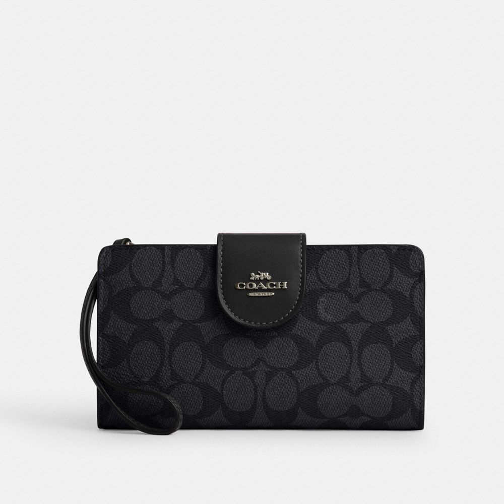 COACH®,Phone Wallet In Signature Canvas,Bi Fold,Coin,Sustainable,Casual,Black,Front View