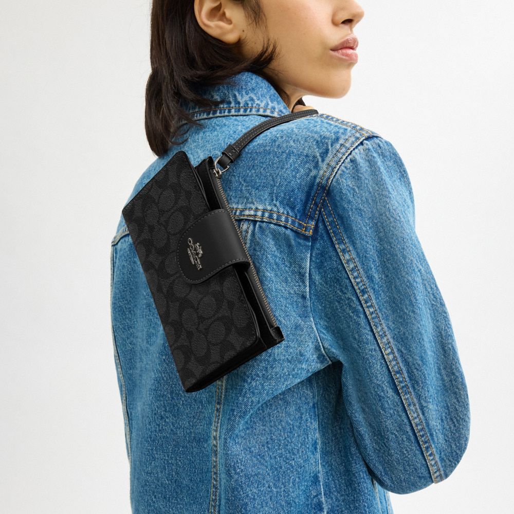 COACH®,Phone Wallet In Signature Canvas,Bi Fold,Coin,Sustainable,Casual,Black,Detail View