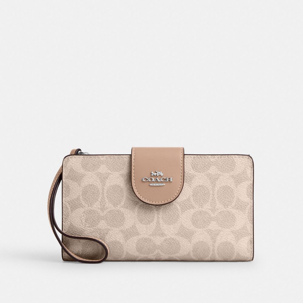 COACH®,Phone Wallet In Signature Canvas,Bi Fold,Coin,Sustainable,Casual,Beige,Front View