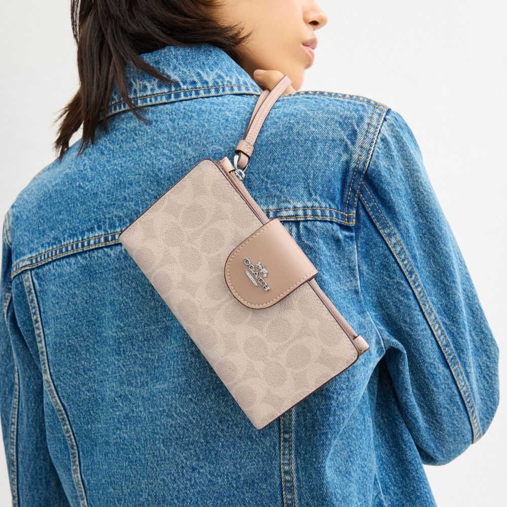 COACH®,Phone Wallet In Signature Canvas,Bi Fold,Coin,Sustainable,Casual,Beige,Detail View