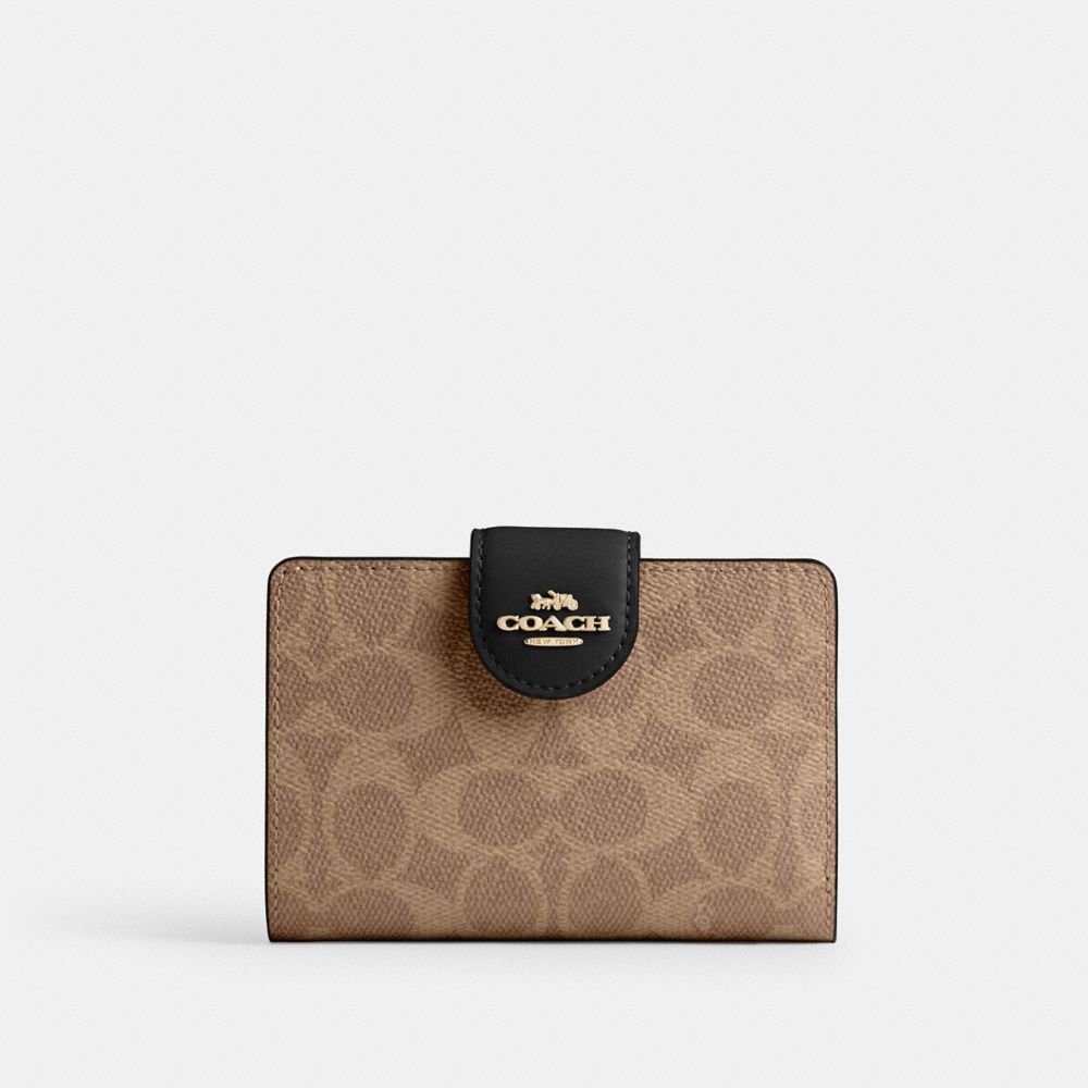 COACH®,Medium Corner Zip Wallet In Signature Canvas,Coin,Bi Fold,Sustainable,Casual,Brown,Front View