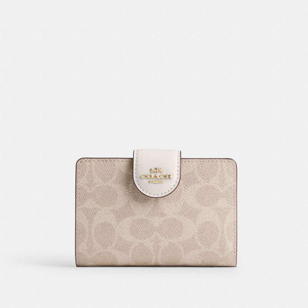 COACH®,Medium Corner Zip Wallet In Signature Canvas,Coin,Bi Fold,Sustainable,Casual,Beige,Front View