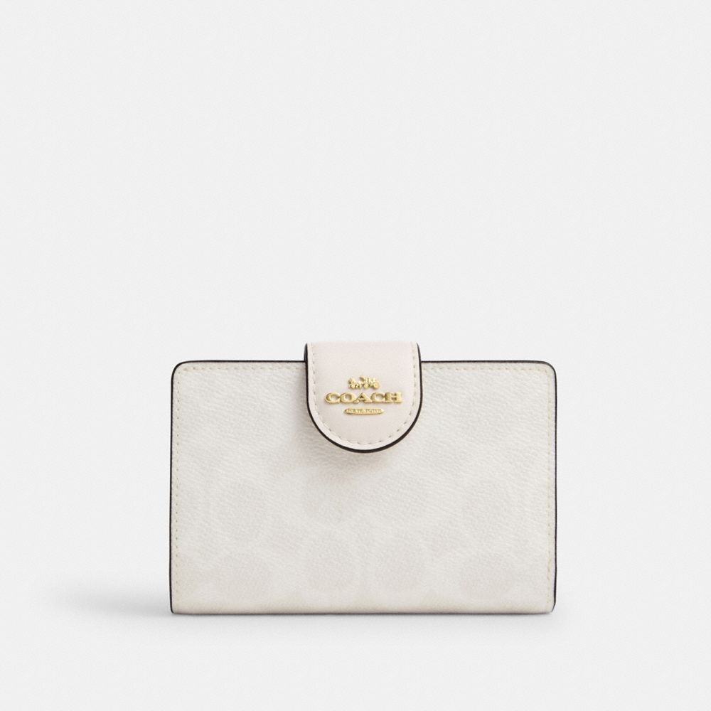 COACH®,Medium Corner Zip Wallet In Signature Canvas,Coin,Bi Fold,Sustainable,Casual,White,Front View image number 0