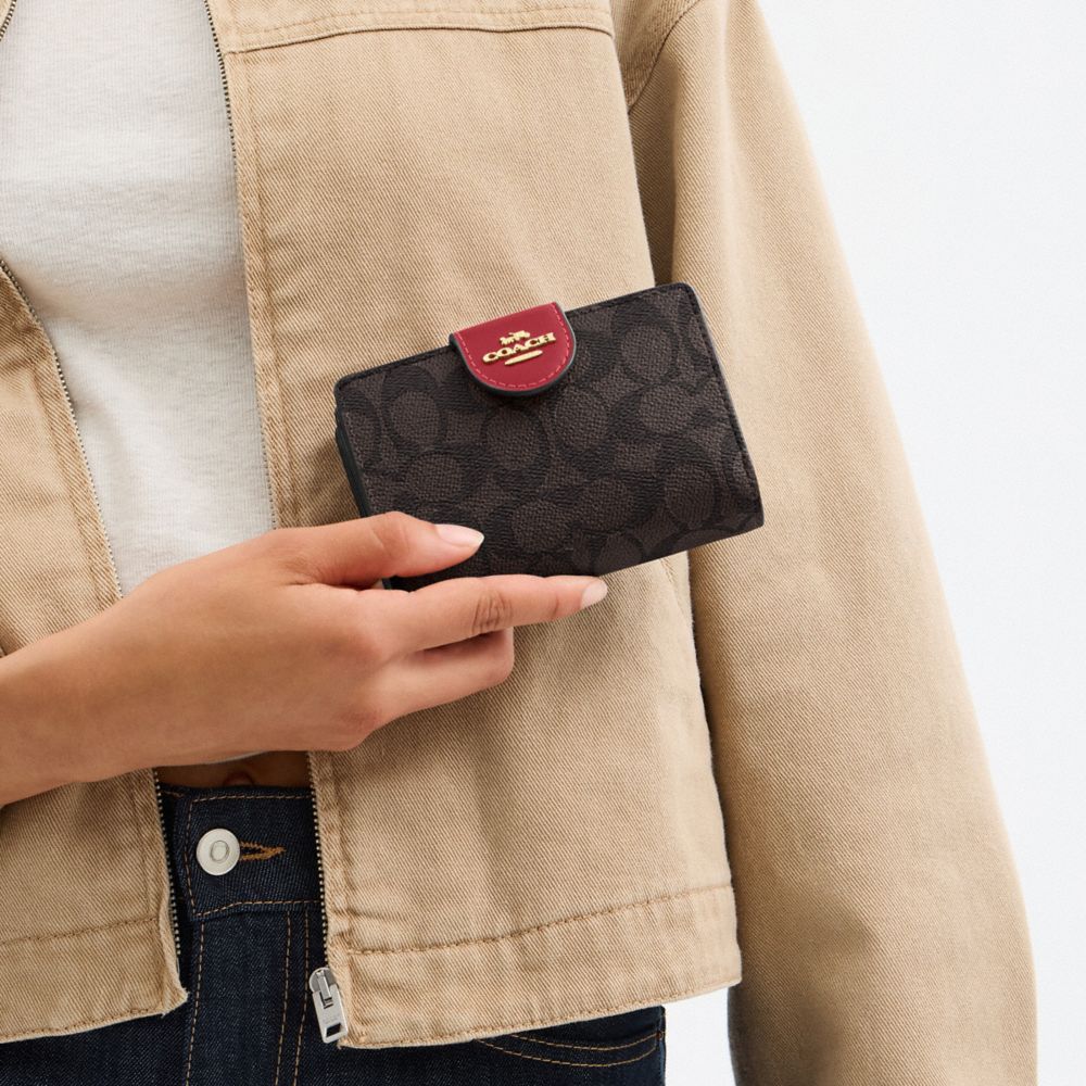 COACH®,Medium Corner Zip Wallet In Signature Canvas,Bi Fold,Coin,Sustainable,Casual,Brown,Detail View