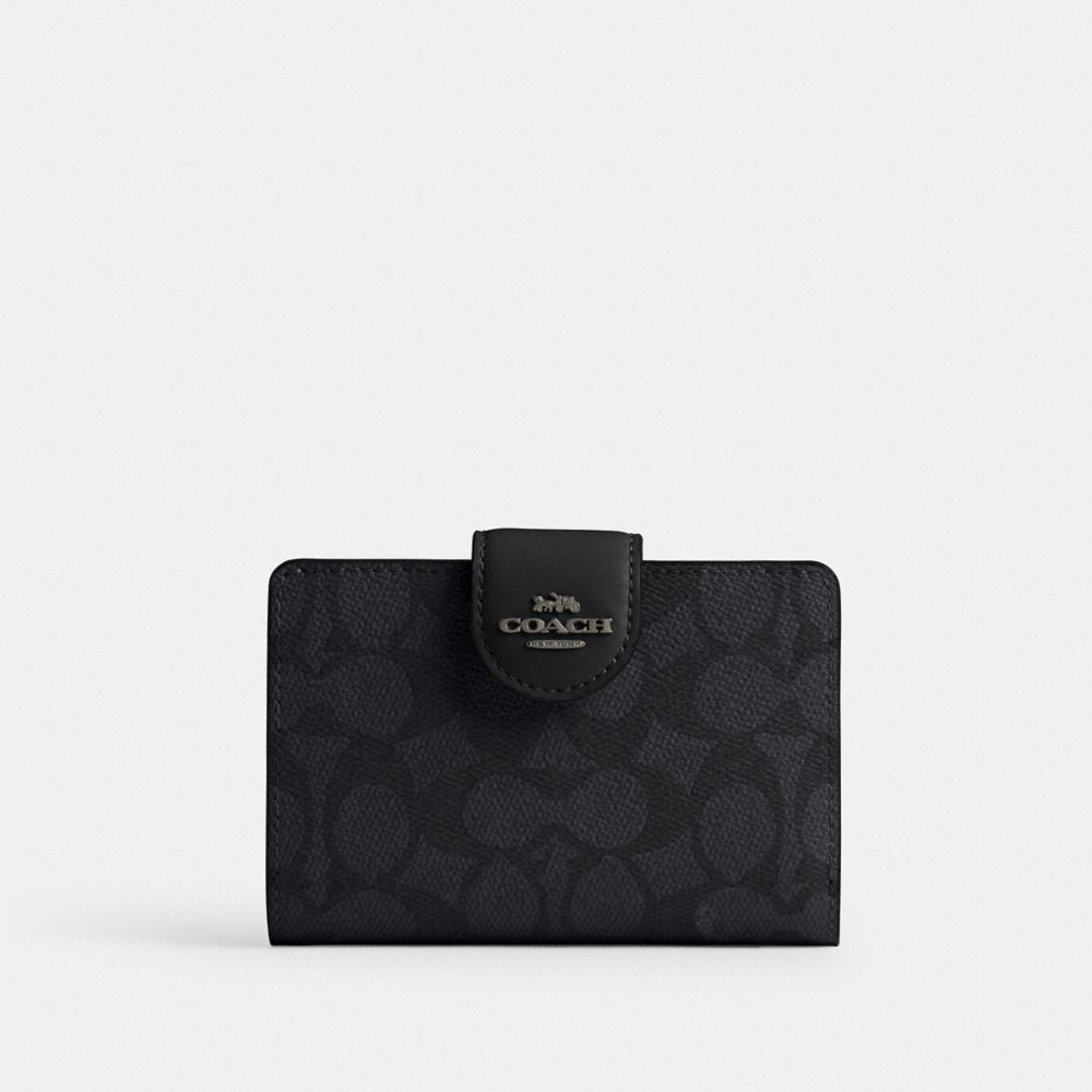 COACH®,Medium Corner Zip Wallet In Signature Canvas,Coin,Bi Fold,Sustainable,Casual,Black,Front View