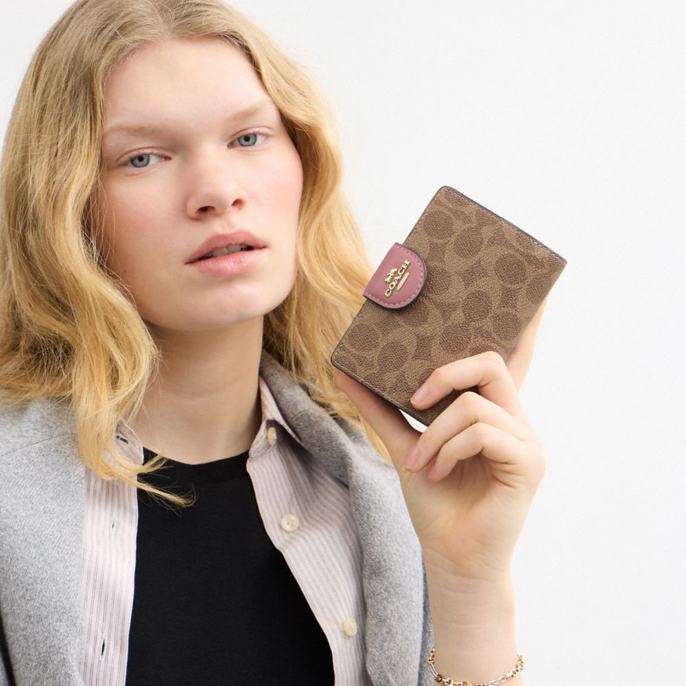 COACH®,Medium Corner Zip Wallet In Signature Canvas,Bi Fold,Coin,Sustainable,Casual,Brown,Detail View
