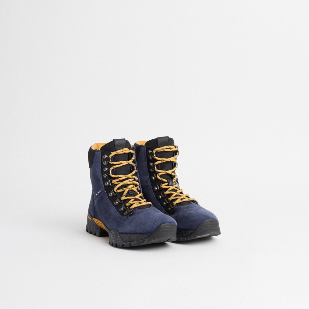 COACH®,Restored Hybrid Coach City Hiker Boot,Leather,Rubber,Nylon,Suede,Hiking,Mixed Media,Logo,Color Block,Pull Tab,Tract...,Navy,Angle View