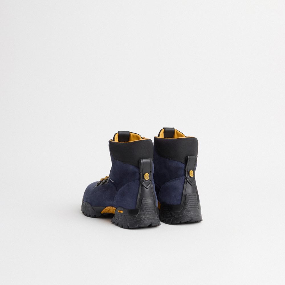 COACH®,Restored Hybrid Coach City Hiker Boot,Leather,Rubber,Nylon,Suede,Hiking,Mixed Media,Logo,Color Block,Pull Tab,Tract...,Navy,Back View