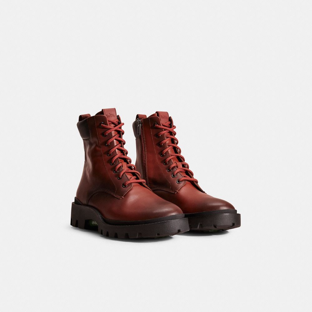 COACH®,Restored Citysole Boot,Leather,Rubber,Combat,Color Block,Embossed,Logo,Pull Tab,Flexible,Cushioned,Traction,Outdoor,Brown,Angle View