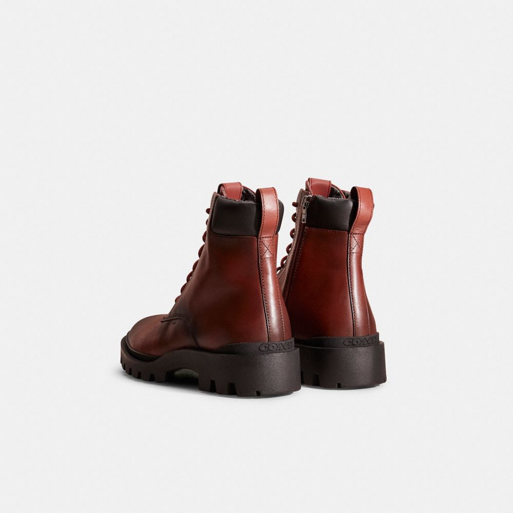 COACH®,Restored Citysole Boot,Leather,Rubber,Combat,Color Block,Embossed,Logo,Pull Tab,Flexible,Cushioned,Traction,Outdoor,Brown,Back View
