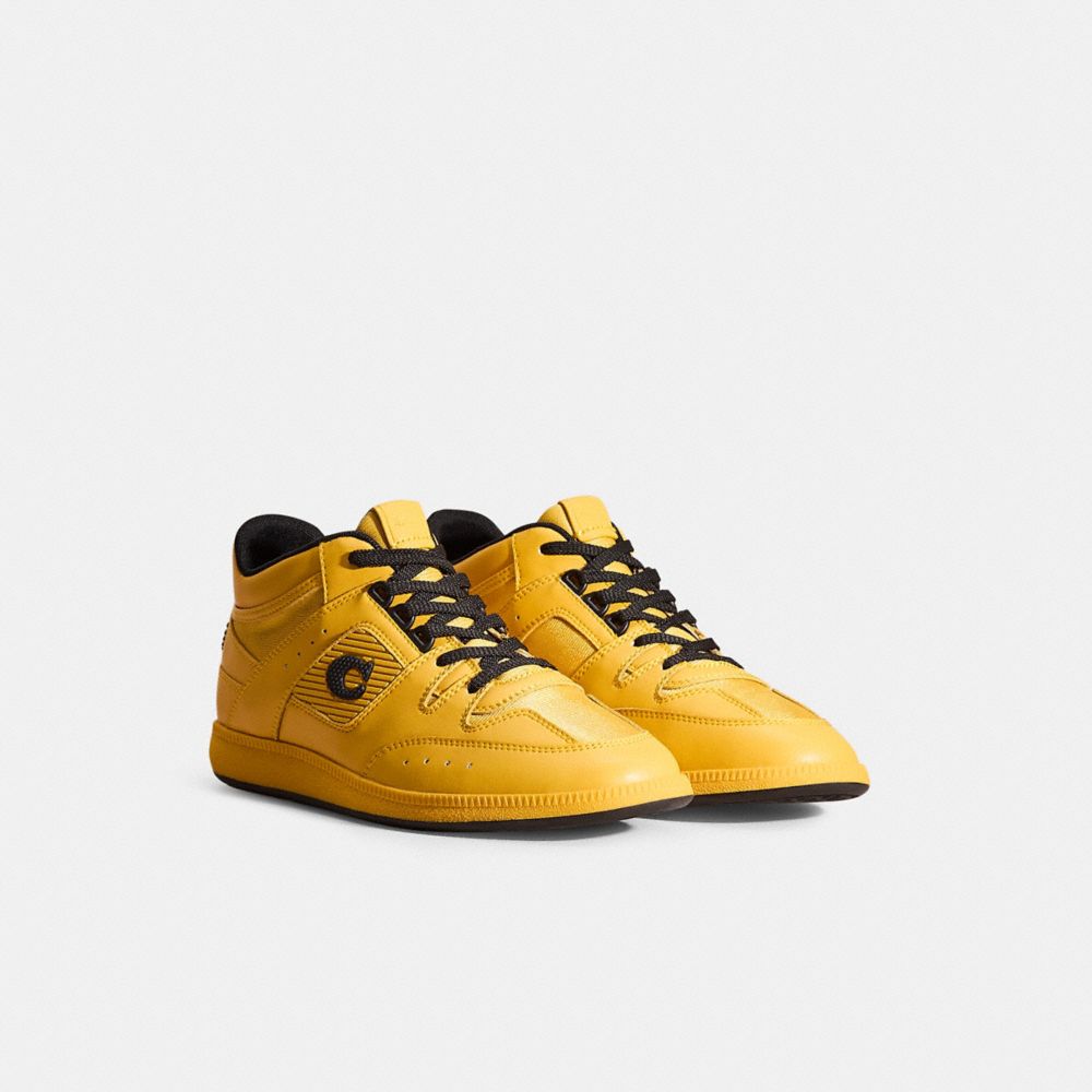 COACH®,Restored Citysole Mid Top Sneaker,Mesh,Leather,Rubber,Casual,Logo,Embossed,Color Block,Mixed Media,Perforated,Flexi...,Yellow,Angle View