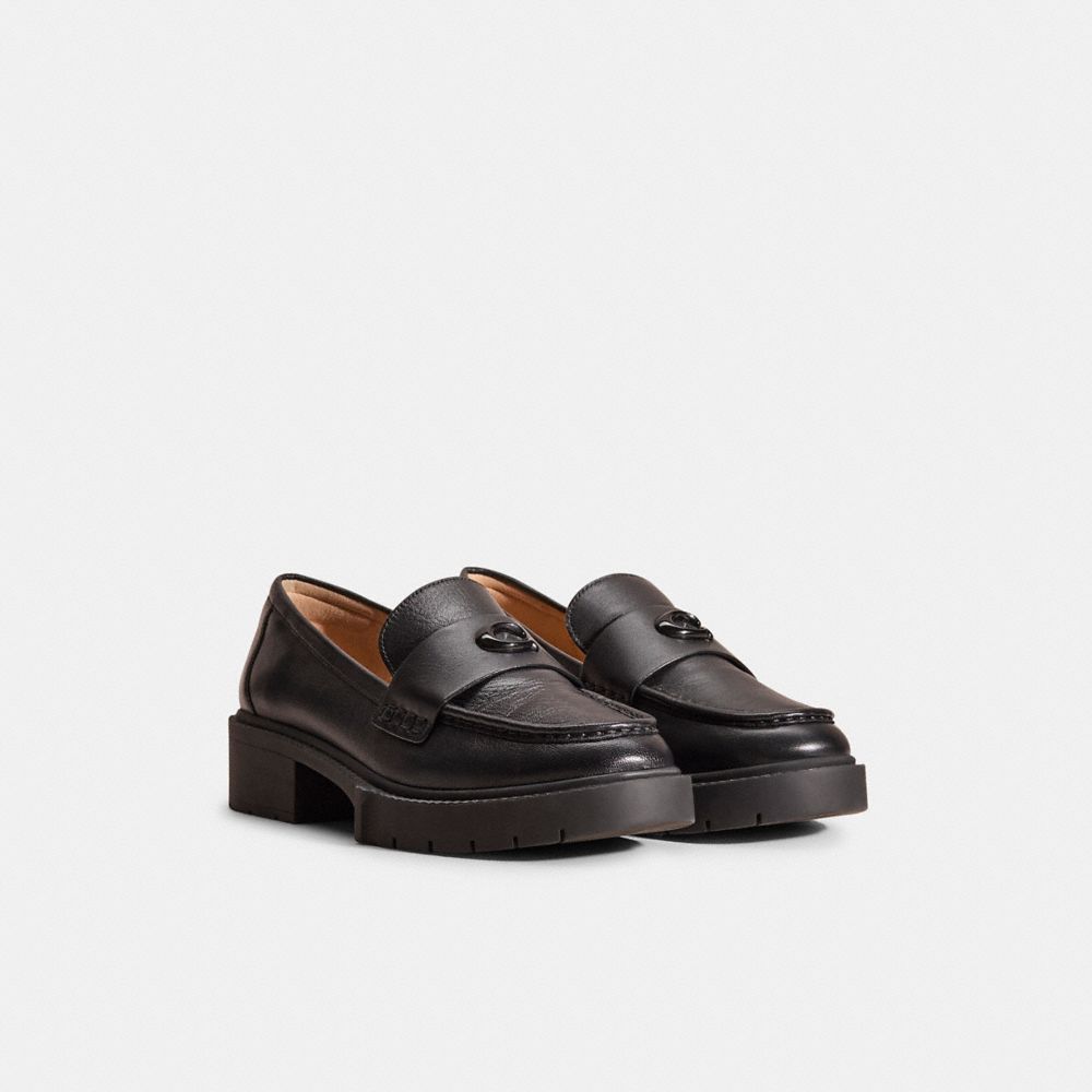 COACH®,Restored Leah Loafer,Rubber,Leather,Lining Leather,Loafer,Penny Loafer,Metal,Logo,Side Vents,Work,Black,Angle View
