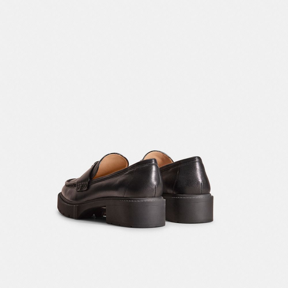 COACH®,Restored Leah Loafer,Rubber,Leather,Lining Leather,Loafer,Penny Loafer,Metal,Logo,Side Vents,Work,Black,Back View