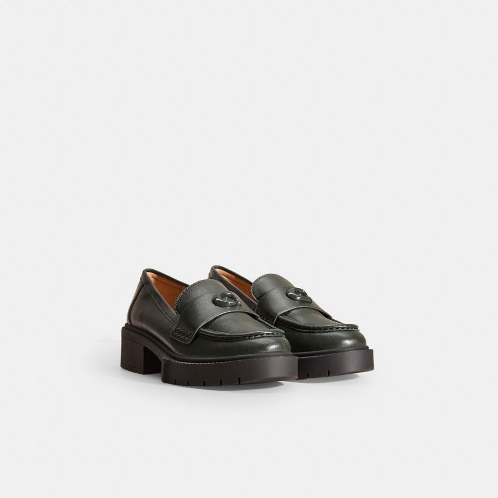 COACH®,Restored Leah Loafer,Rubber,Leather,Lining Leather,Loafer,Penny Loafer,Metal,Logo,Side Vents,Work,Olive,Angle View