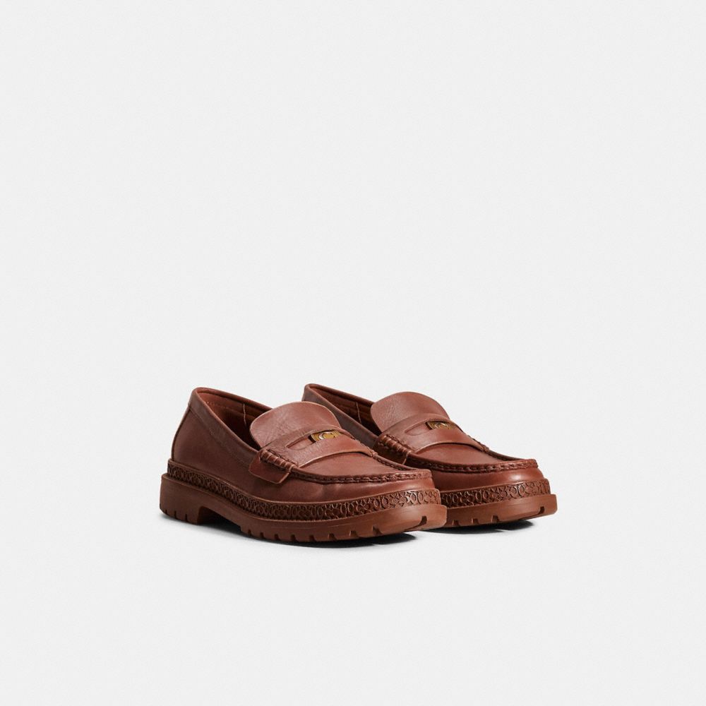 COACH®,Restored Loafer With Signature Coin,Leather,Rubber,Loafer,Penny Loafer,Business Casual,Brown,Angle View