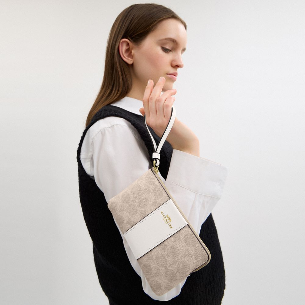 COACH®,Corner Zip Wristlet In Signature Canvas With Stripe,Wristlet,Pouch,Color Block,Casual,Beige,Detail View