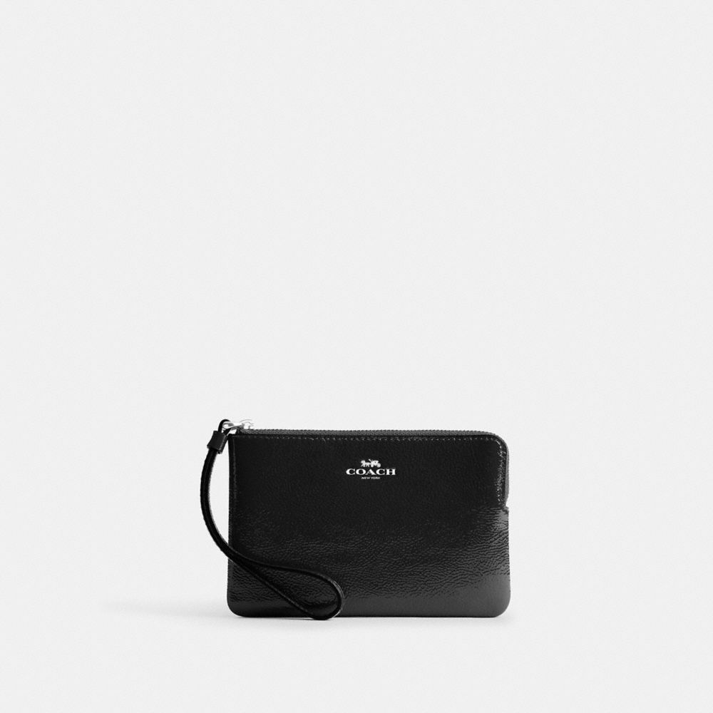 COACH®,WRISTLET À ZIP EN COIN,Cuir innovant,Argent/Noir,Front View