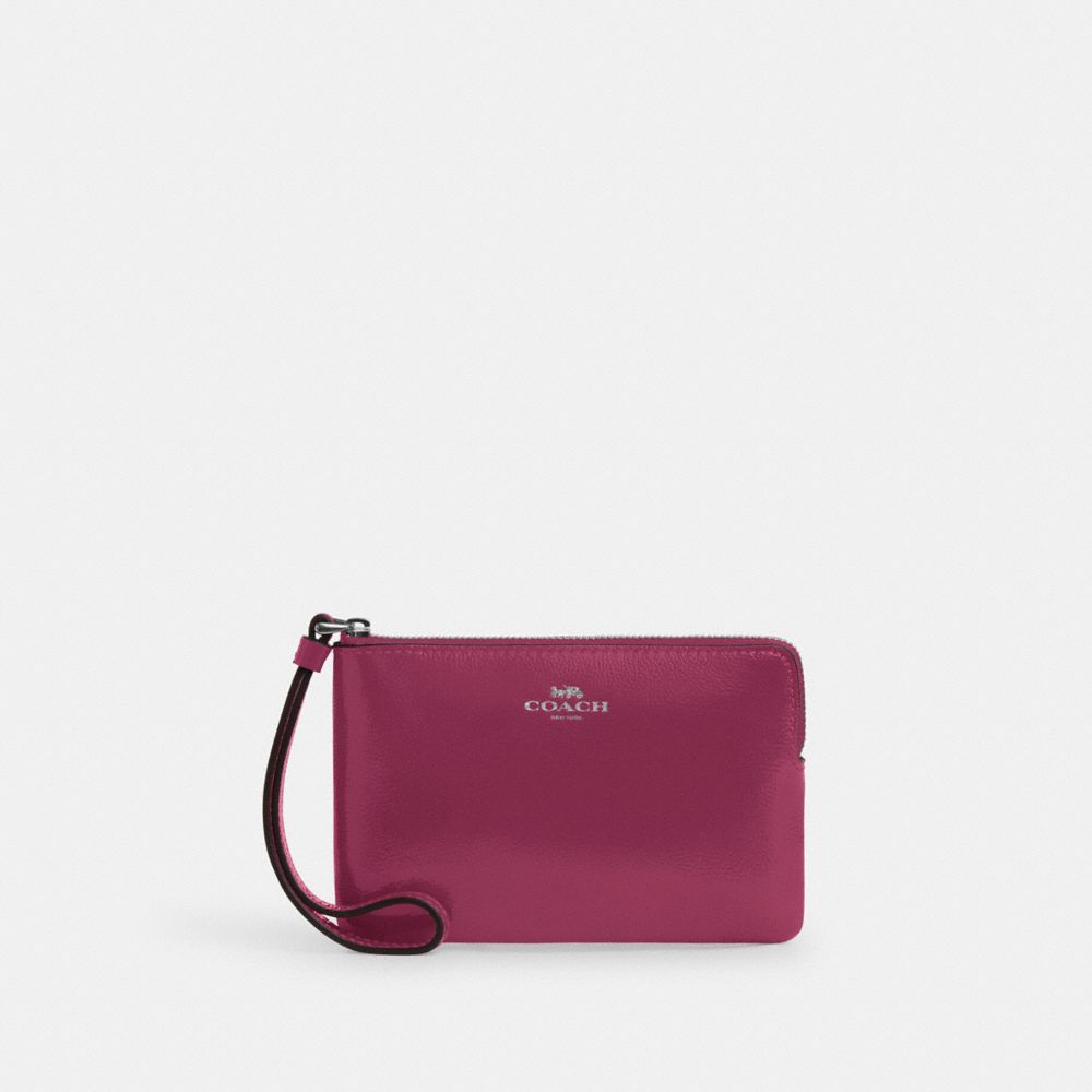 COACH®,WRISTLET À ZIP EN COIN,Cuir innovant,Argenté/Rose,Front View