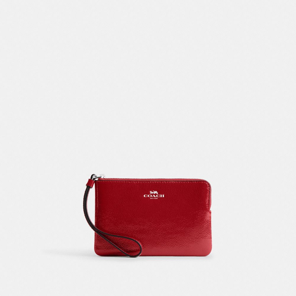 COACH®,WRISTLET À ZIP EN COIN,Cuir innovant,Argent/Rouge,Front View