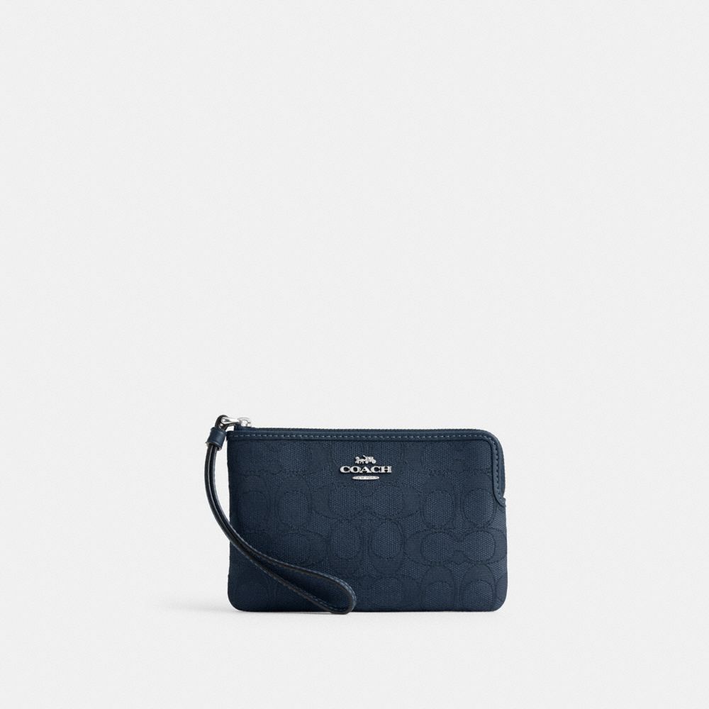 Silver Denim Dark Denim Corner Zip Wristlet In Signature Jacquard