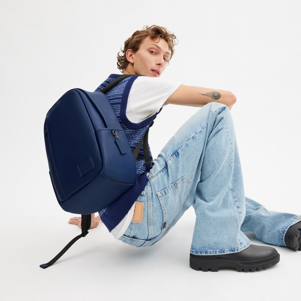 COACH®,Edge Backpack,Calfskin Leather,Canvas,Backpack,Logo,Tag Embellishment,Adjustable,Casual,Navy,Detail View