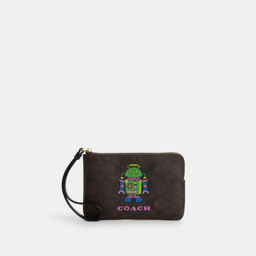 COACH®,Cosmic Coach Corner Zip Wristlet In Signature Canvas With Robot Print,Canvas,Wristlet,Casual,Brown,Front View image number 0