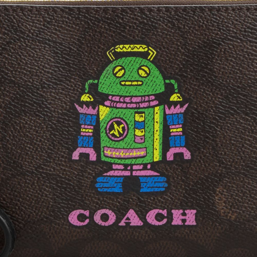 COACH®,Cosmic Coach Corner Zip Wristlet In Signature Canvas With Robot Print,Canvas,Wristlet,Casual,Brown