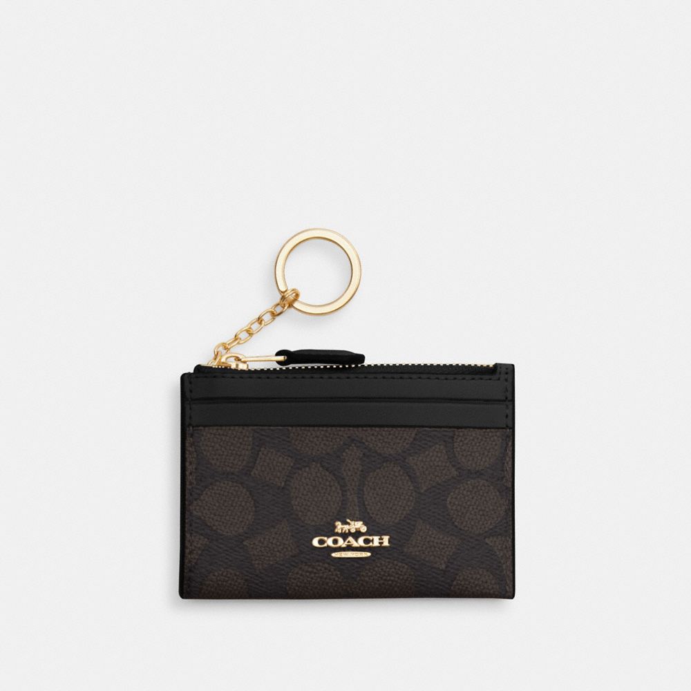 COACH®,Mini Skinny Id Case In Signature Canvas,Card Case,Color Block,Metal,Logo,Sustainable,Key Ring,Casual,Black,Front View